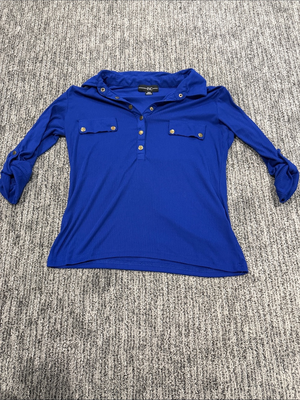 INC International Concepts Cobalt Blue Snap-Front Roll-Sleeve Top